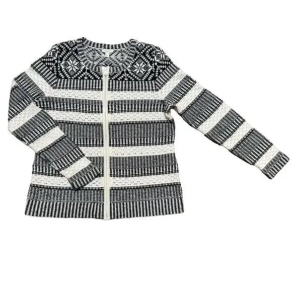 Talbots Fair Isle Nordic Black White Front Zip Round Neck Cardigan Sweater - Picture 1 of 9